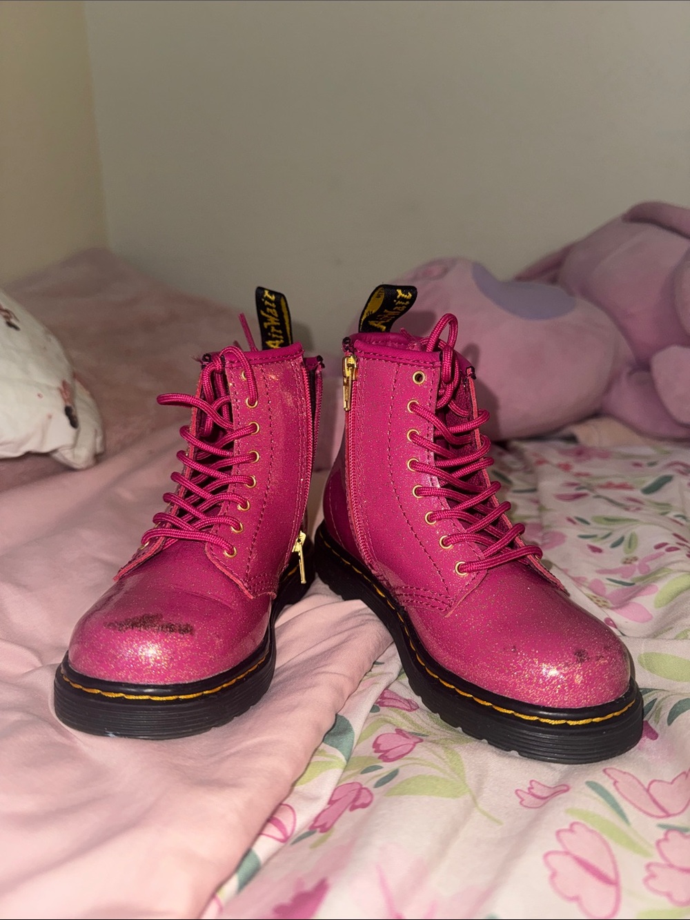 Dr. Martens Girls Hot Pink Glitter Lace-Up Boots